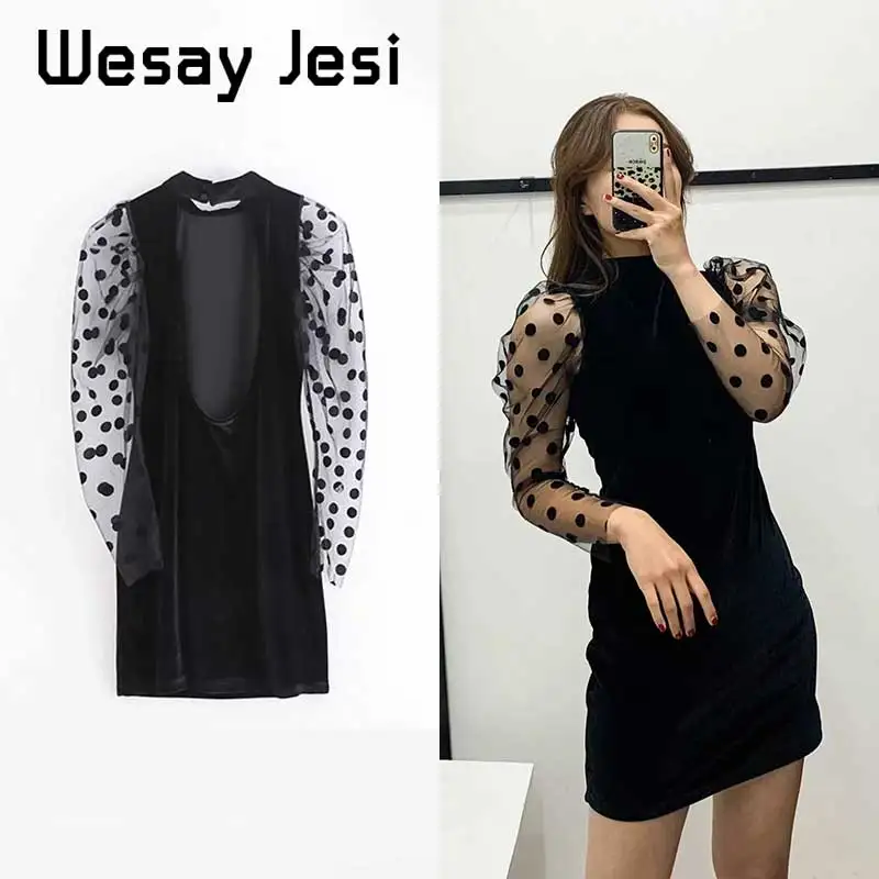 Осеннее женское платье бархатное Сетчатое с длинным рукавом и круглым вырезом