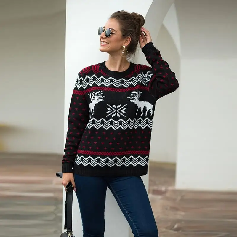 Осенне-зимний свитер женский с принтом оленя Рождественский подарок трикотажный свитер Повседневный пуловер с длинными рукавами Sueter Mujer Invierno