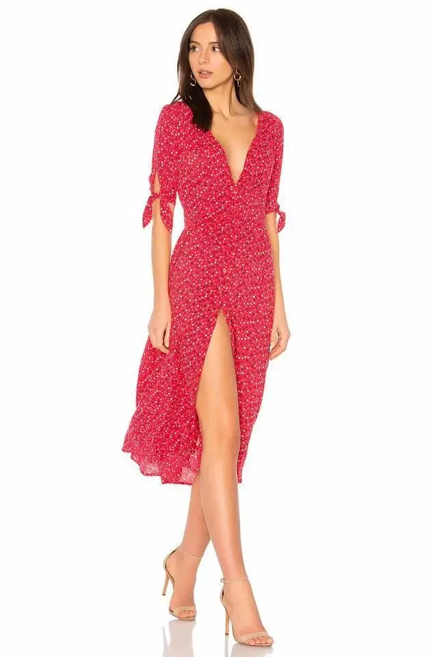

2019 Summer New Style V-neck Retro Small Floral Printed Chiffon Dress Single Breasted Cardigan Style Medium-length Dress Women's