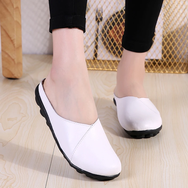 YAERNI  Plus Size Flat Shoes 2018 Fashion Mules Womens Leather Split Slip On Flip Flops Women's Slippers Shoe SlidesE1302