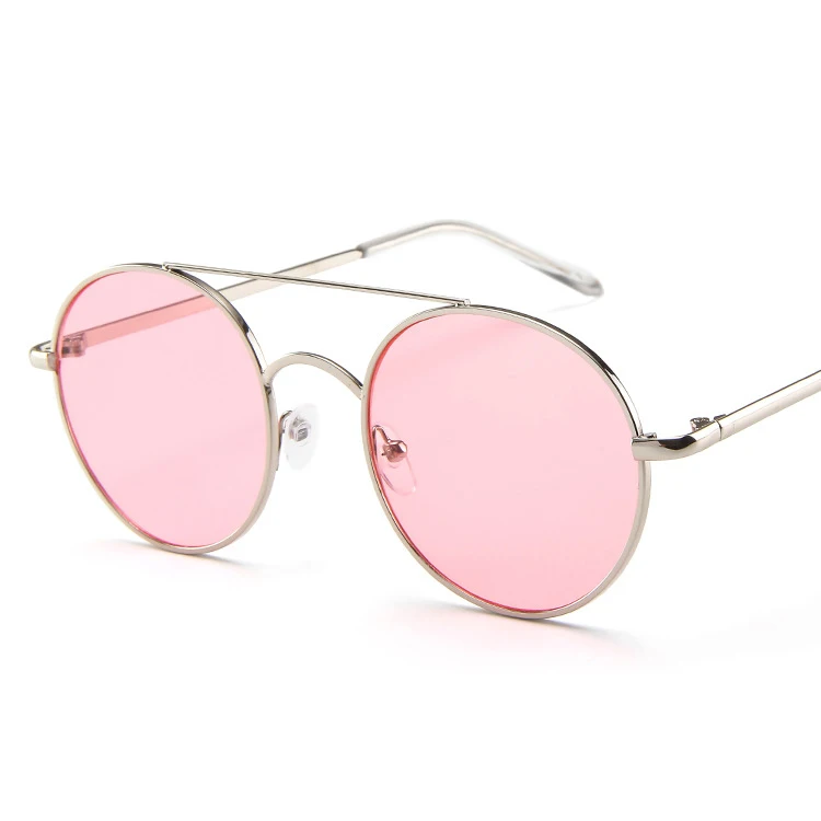 RBRARE Metal Round Frame Sunglasses Women Trend Retro Double Beam Sun Glasses Vintage Luxury Pink Ocean Lens Eyeglasses - Цвет линз: SilverPink