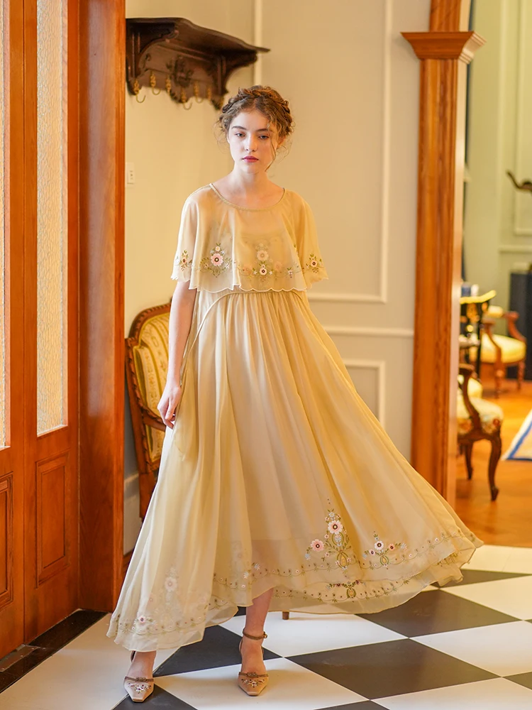 

Spring Summer Original Design Women French Vintage Exquisite Embroidery Mori Girls High Waist Spaghette Strap Dresses W/h Cape