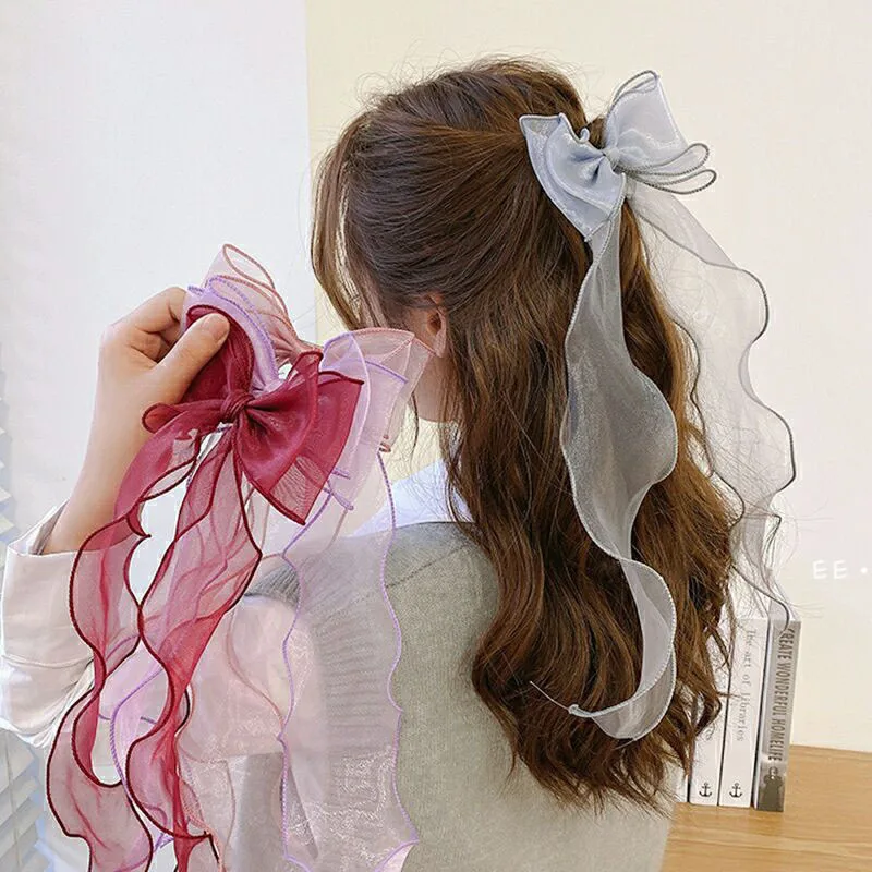 Bow Ribbon Hairpin Girl Candy Color Organza Long Ribbon Hair Clips