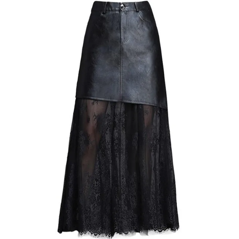 brown skirt High-quality Pu + Lace Stitching Black Skirt Women Skirt 2022 New Autumn Winter High Waist Was Thin Package Hip Leather Skirt satin skirt