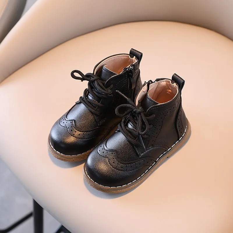 Children Boots British Style Fretwork Pu Leather Brown Black Boys Girls Short Boot 21-30 Toddler Zipper Solid Color Kids Shoes 4