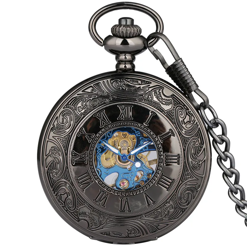Antique Wooden Case Handwinding Mechanical Pocket Watch for Men Women Skeleton Clock Pendant Chain Roman Number Dial Hour Gift