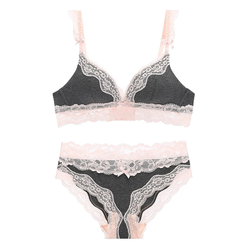Deep V Plunge Cotton Bra Set with Lace Broadside Thin Cup Wireless and Panty Underwear Soft Breathable Women Lingerie | Женская одежда