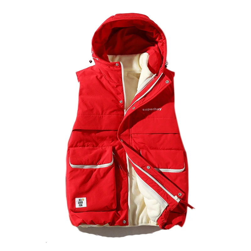 Red-Vest Новинка зимы, мужская повседневная куртка-пуховик с капюшоном, парка, жилет для мужчин и подростков, модный теплый плотный флисовый пуховик+ жилет для мужчин - Цвет: Red-Vest