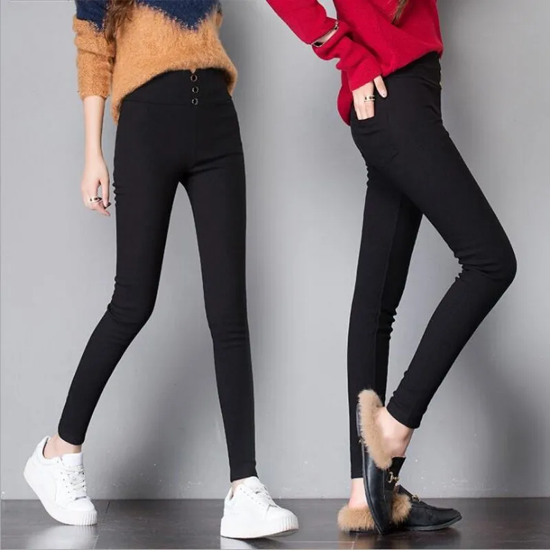 Черные модные леггинсы Jegging Новое поступление женские леггинсы с карманами на пуговицах длинные хлопковые брюки облегающие Женские леггинсы - Цвет: Black