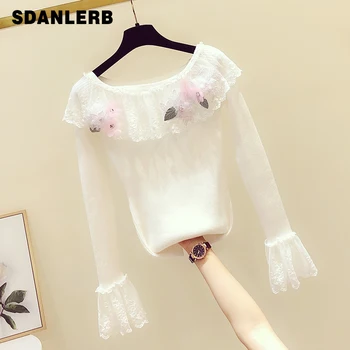 

2019 Autumn Winter White Sweater New Korean Lace Lotus Leaf Edge Hand-made Flower Slash Neck Knitting Sweater for Women Jumpers