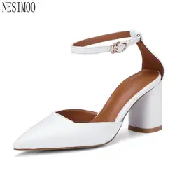 NESIMOO 2018 Лето Для женщин насосы острый носок на высоком квадратном каблуке Ремешок на щиколотке из натуральной кожи женские свадебные туфли