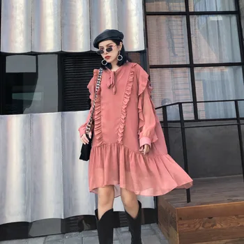 

Women's 2020 Spring New Style Mesh Ruffles Solid Loose Dress O-Neck Bowknot A-line Casual Irregular Midi Dress Plus Size