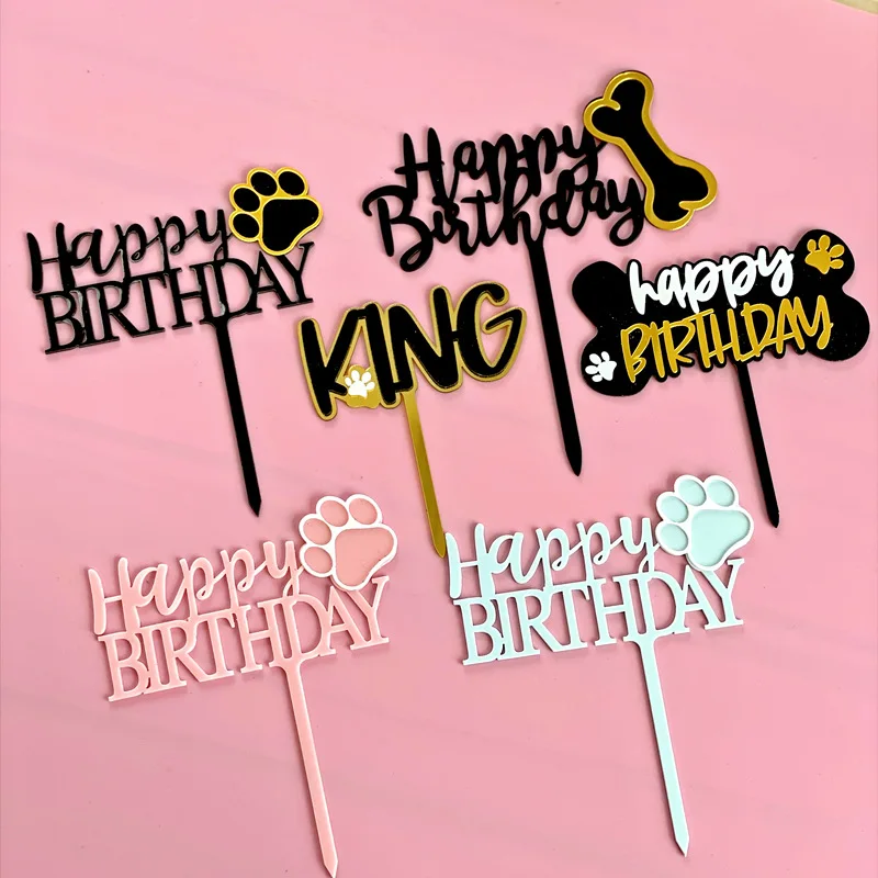 

New Double Acrylic Pet Happy Birthday Cake Topper For Pet Dog Birthday Party Supplies Cupcake Topper Baking Cake Decorations