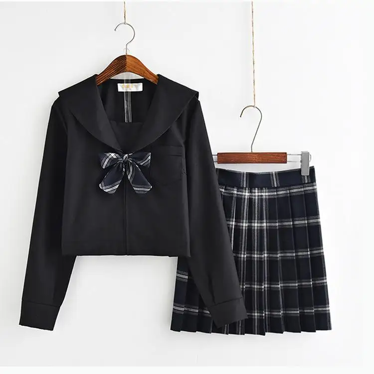 Autumn Japanese School Uniforms For Girls Cute Long-length Sailor Tops Pleated Skirt Full Sets Cosplay Jk Costume Series xl - Цвет: Coat and black skirt