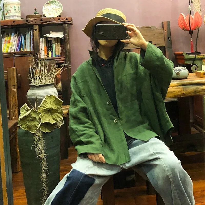 luo gu ni Origional Autumn Shirt Collar Linen Coat Have Lining 1565