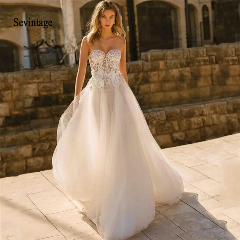 

Sevintage Princess A Line Sleeveless Tulle Wedding Dresses Plus Size Boho Floor Length Lace Bridal Gowns Beach Robe De Mariee