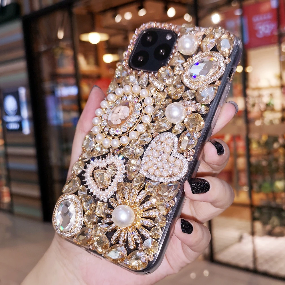 Bling Gold Crystal Pearl Diamond Gem Flower Case Cover For iPhone 15 14 13  12 Mini 11 Pro XS Max XR X 8 7 Plus SE Handmade Case - AliExpress