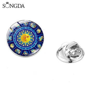 

12 Constellations Zodiac Sign Glass Dome Brooch Pin For Women Men Gift Cancer Leo Virgo Libra Photo Brooches Jewelry