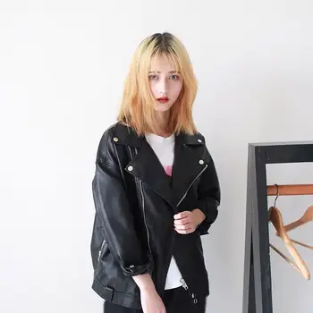 

Women Loose Pu Leather Jacket Turn-Down Collar Soft Motorcycle Jacket Faux Leather Jacket Black Punk Fashion Biker Coat