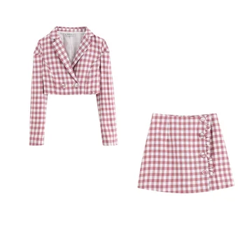 

Girl's Pink Plaid Two Pieces Set Women's Crop Top And Skirt Two Pieces Set Ladies Two Pieces Outfit Plaid Coat And Skirt F0335
