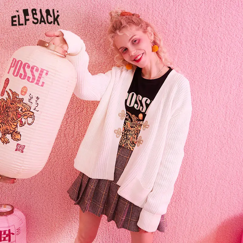 

ELFSACK White Solid Chinese Style Knit Casual Cardigans Sweater Women 2020 Winter Pure Vintage Single Button Office Ladies Top