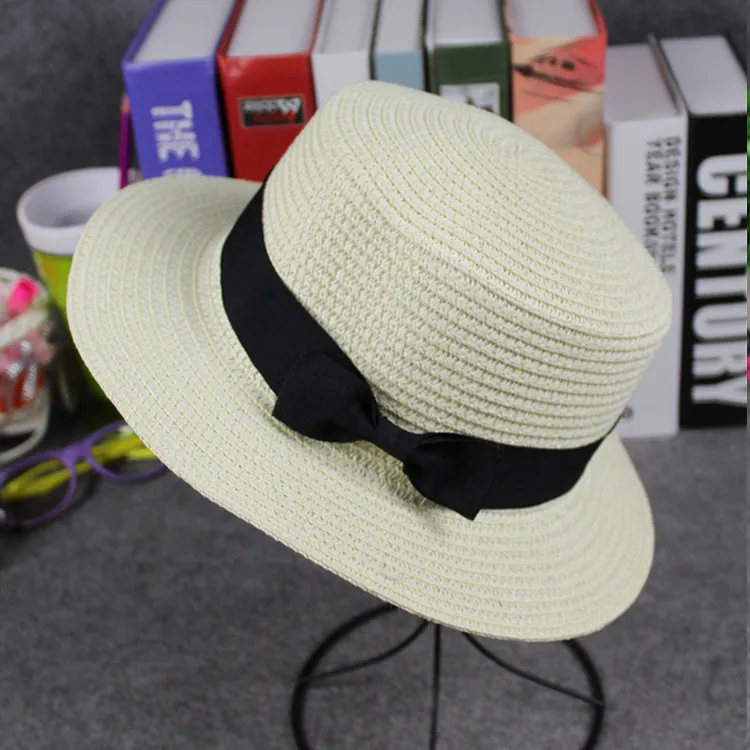 Simple Summer Adult Beach Sun Hat Female Casual Panama Hat Lady Brand Women Flat brim Bowknot Straw Cap Glris Sun Hat