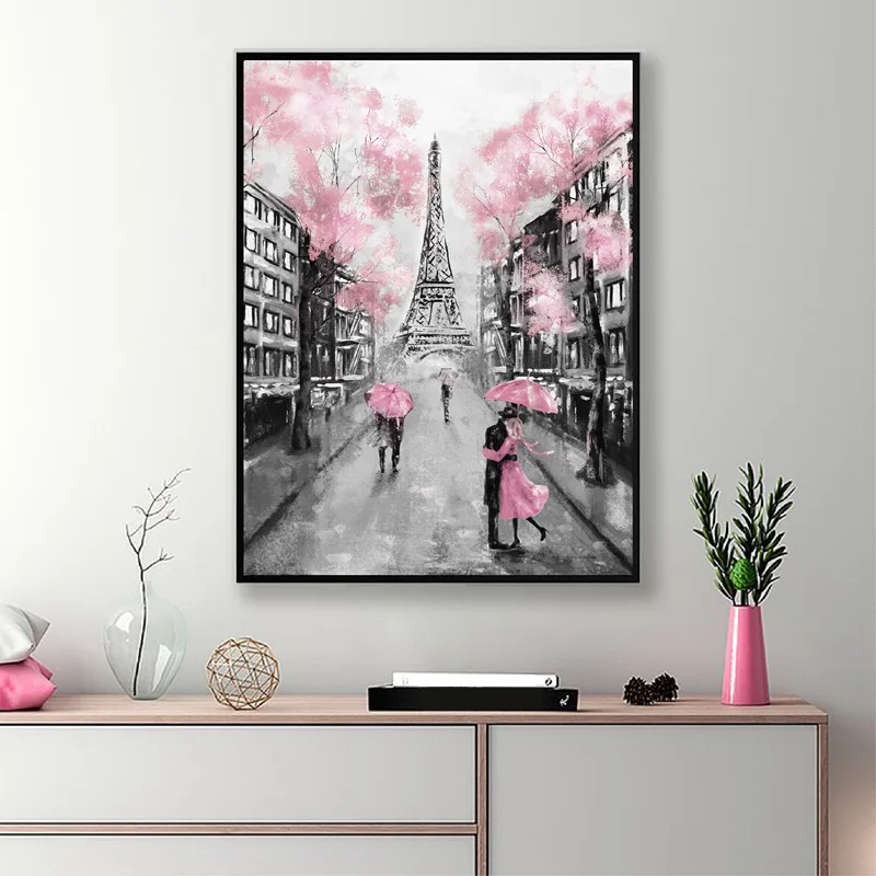 Романтическая городская пара Парижа башня Пейзаж абстрактная картина маслом на холсте плакат печать Настенная картина для гостиной