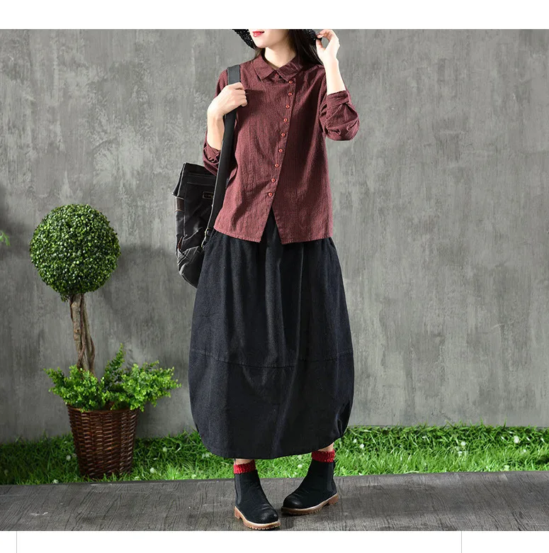 Vintage Cotton Linen Shirts Women's Blouses Plaid Cloths Spring Lapel Collar Long Sleeve Button Casual Shirts AA166S30