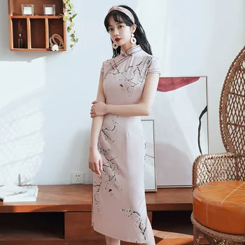 

Vintage Mandarin Collar Qipao Satin Pink Short Elegant Cheongsam Women Print Flower Sexy Chinese Dress Plus Size 4XL Vestidso