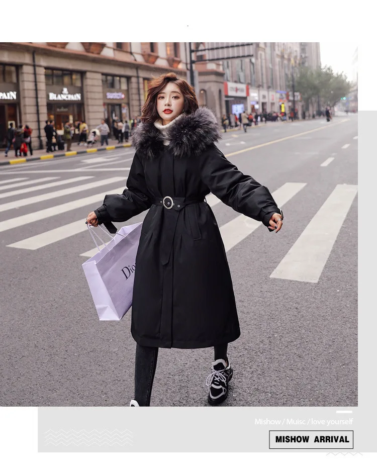 Winter Mid-length over-the-Knee Hooded Thick down Jacket Korean-style Waist Hugging Lace-up Loose-Fit Down Jacket Women's