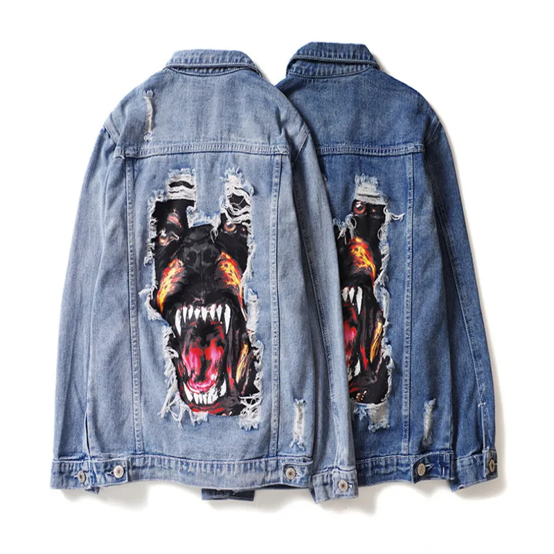 

2019 new Men's Hip Hop Denim Jacket Funny Dog Printed Broken Hole Jean Jacket Spring Autumn Streetwear Coat for Couples