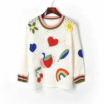 

Knitted Pullover Tops Spring Autumn Hit Color Fruit Love Sun Rainbow Hollow Flower Long Sleeve Sweater Women Clothing TA90447