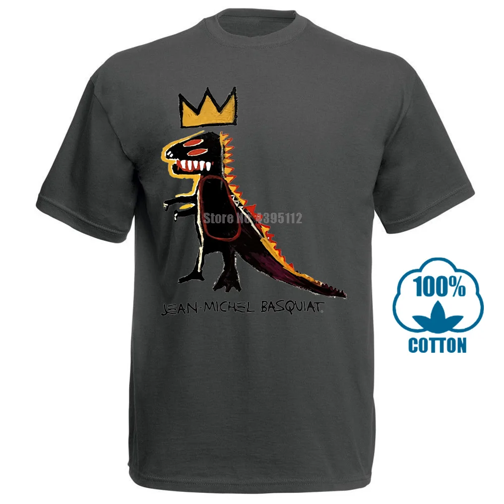 Темно-серый Мужская модная черная Хлопковая мужская футболка Basquiat Dinosaur Crown с забавным хлопковым коротким рукавом в летнем стиле хип-хоп 012632 - Цвет: Темно-серый