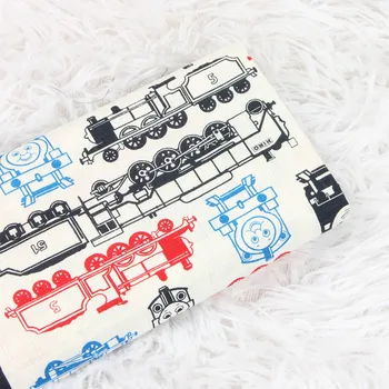 

half meter slub cotton fabric with little train print handmade DIY garment dress cloth 100% cotton CR-402