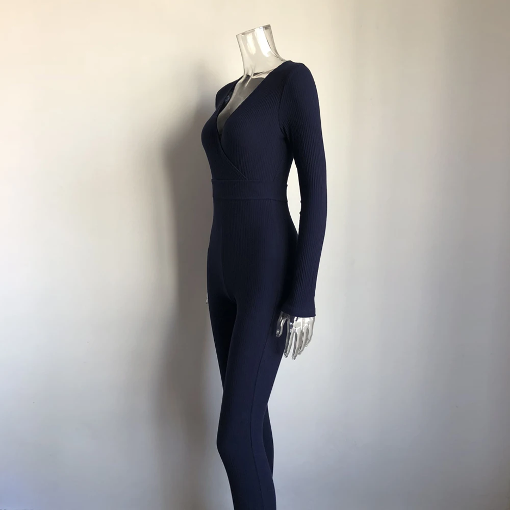 Navy Blue Ribbed Fitness Active Wear Rompers Womens Jumpsuit Zipper V Neck Sexy Fashion Long Sleeve Workout Sporty Jumpsuit