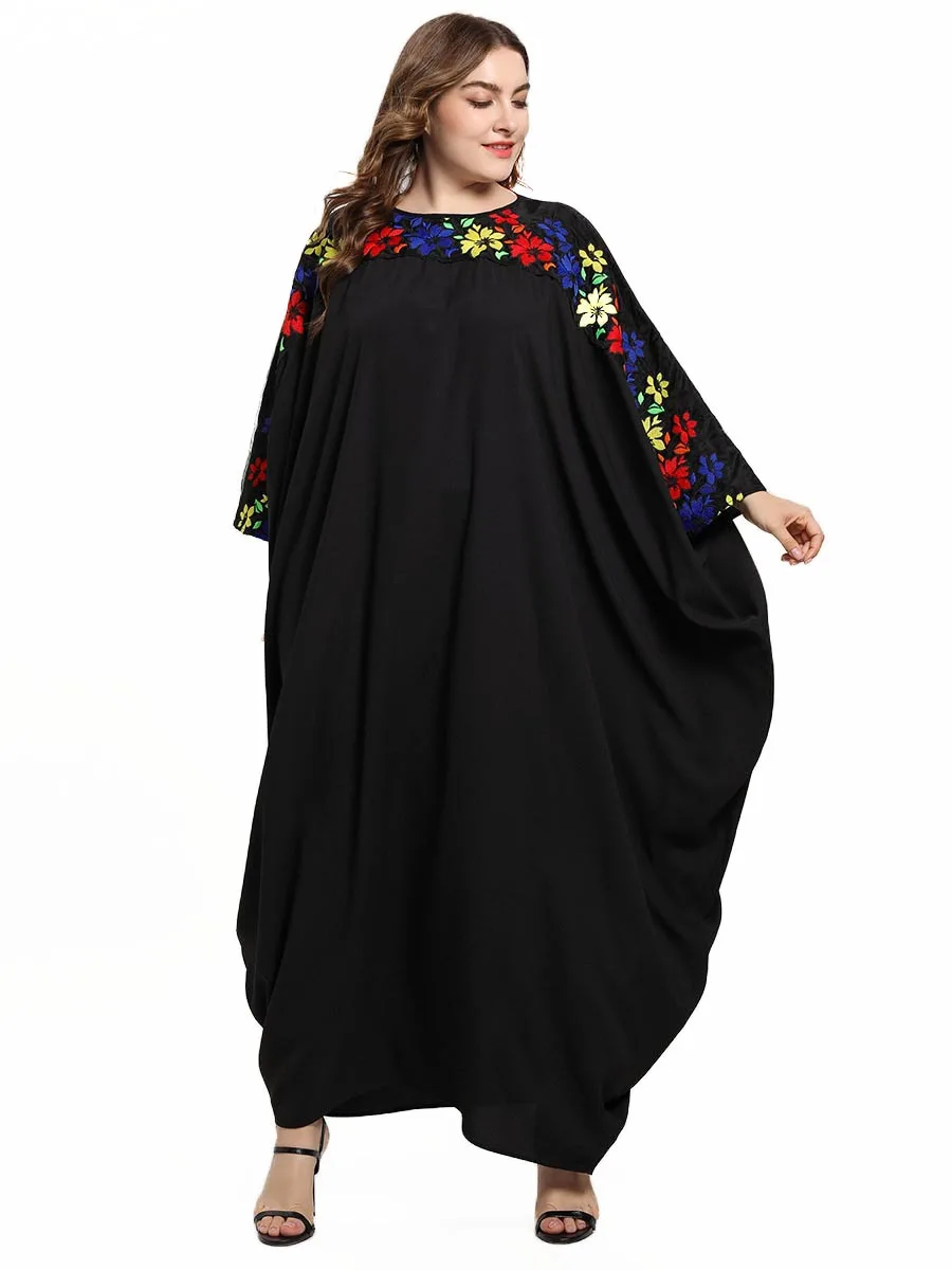 Марокканский кафтан удобный Модный черный вышитый с длинными рукавами abaya Femme круглый вырез мусульманское Повседневное платье