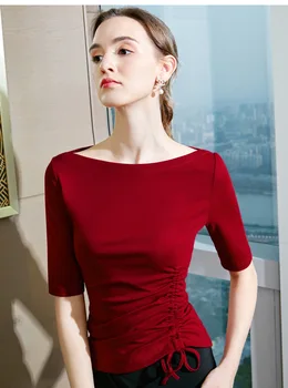 

Mid-sleeved t-shirt female 2020 new women's t-shirt summer side drawstring design exposed collarbone word shoulder top