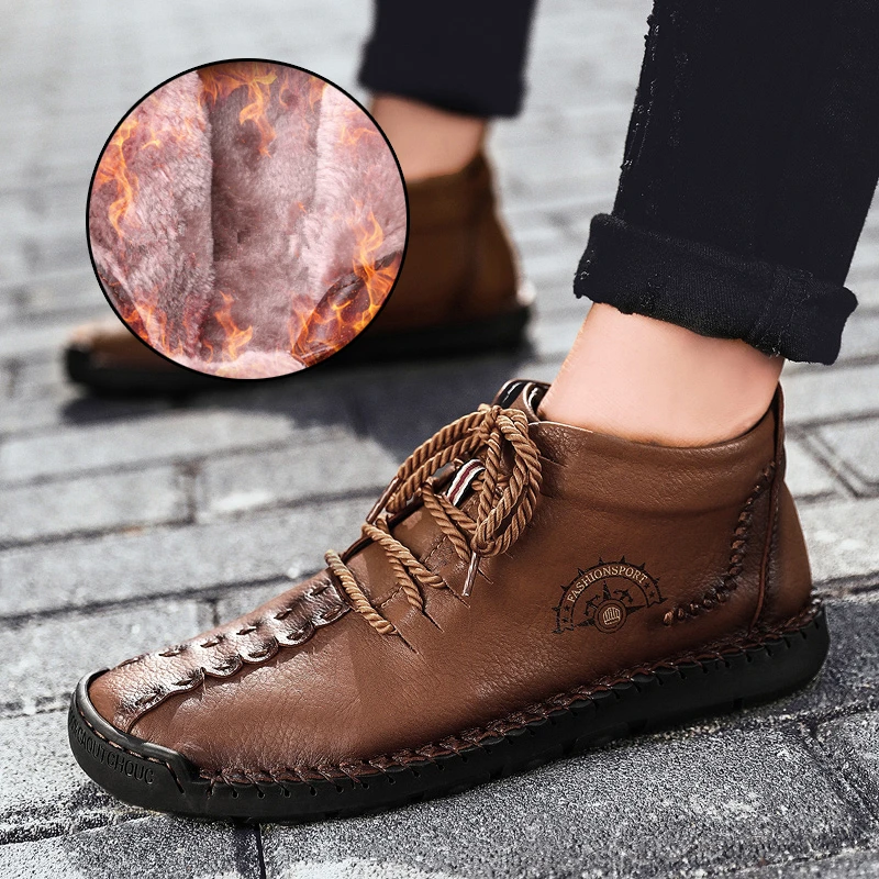 Brown Plush KJEDGB/осень-зима; новые кожаные мужские ботинки; теплые зимние ботинки; Мужская обувь; Модные ботильоны; большие размеры 39-48 - Цвет: Brown Plush
