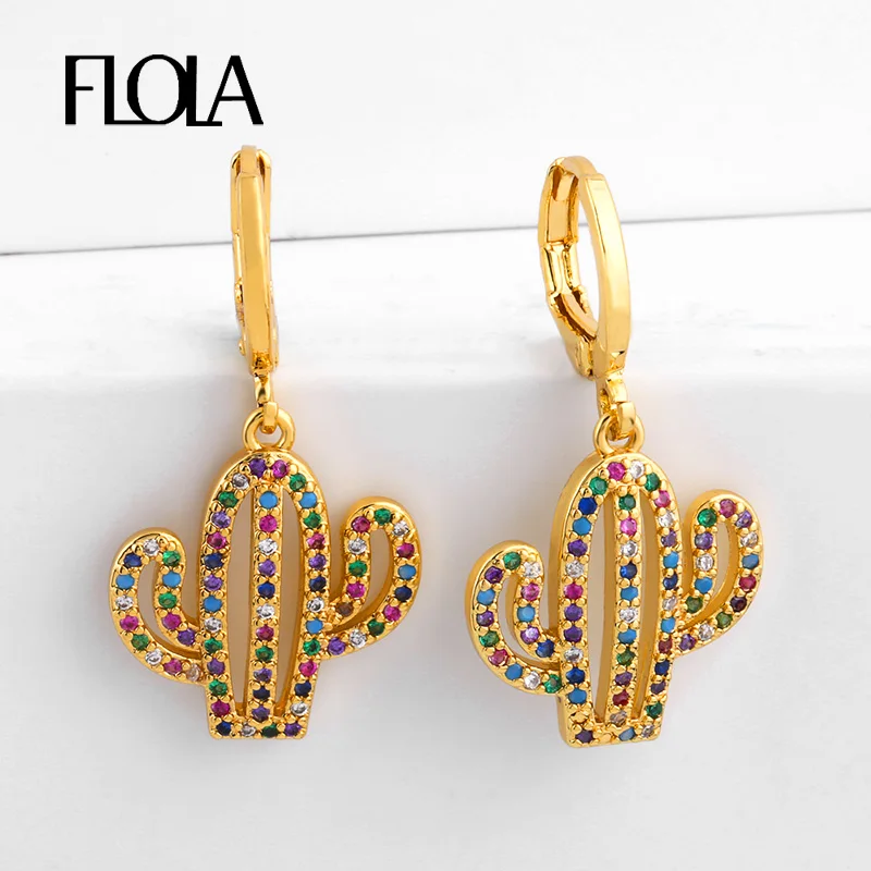 

FLOLA Gothic Rainbow Cactus Earrings Ladies Gold Filled Plant Zirconia Huggies CZ Rainbow Jewelry pendientes pequenos ersr04