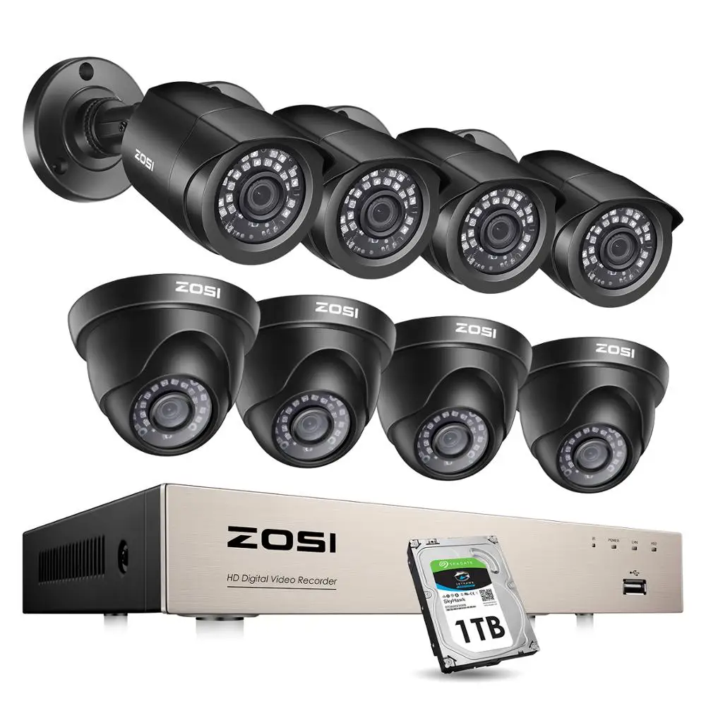 ZOSI 8CH 1080P TVI H.265+ DVR 8PCS 2.0MP Outdoor Bullet/Dome CCTV Video Home Security Camera System Surveillance Kits