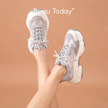 

BeauToday Chunky Sneakers Women Mesh Leather Trainers Lace-Up Mixed Colors Platform Lady Casual Shoes Handmade 29356