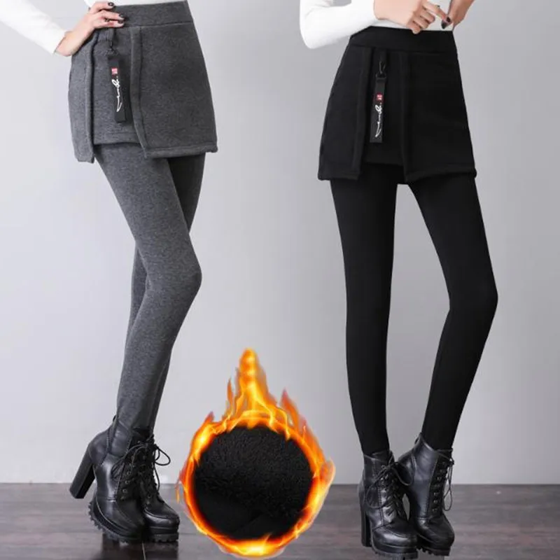 

3XL-6XL Women Plus Velvet Pants 2019 New Women Fashion False Two Pieces Warm Winter Trousers Female Skirt Pants High Quality