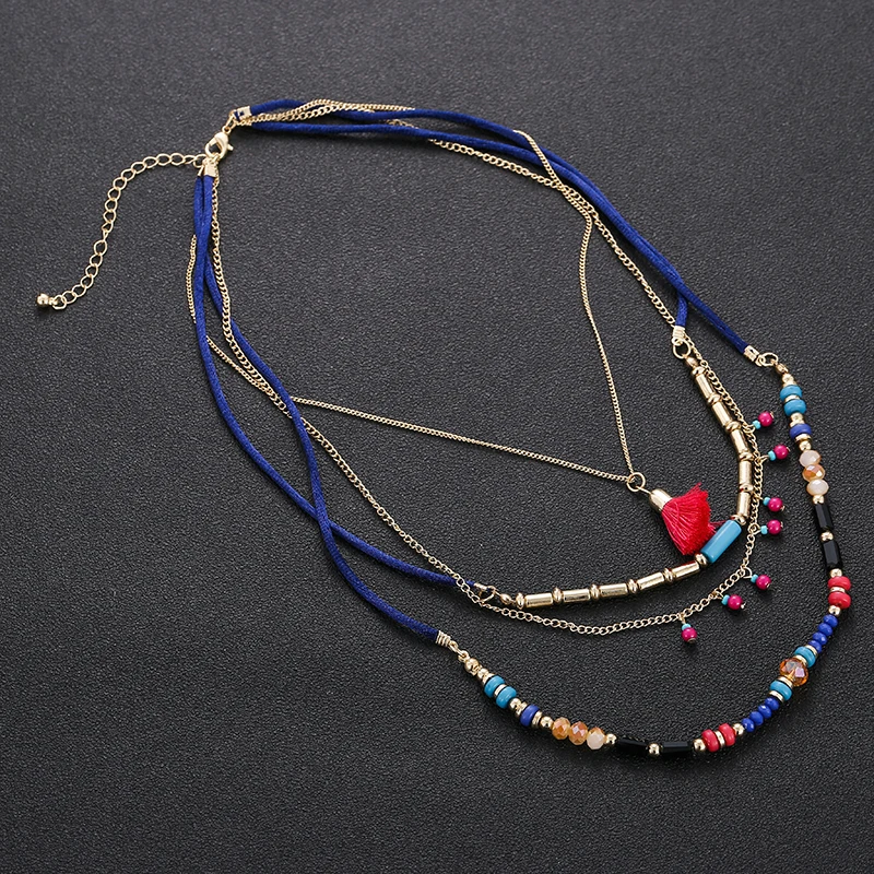 Богемное ожерелье с цветными слоями, s цвет, яркие бусины, кисточка, макси, длинная Этническая цепь, ювелирные изделия, эффектное ожерелье для женщин, воротник