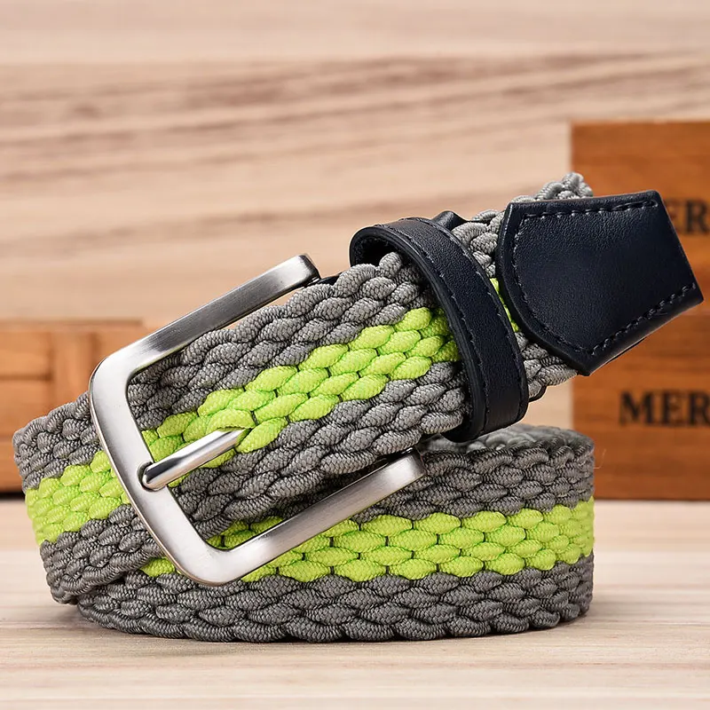 Green Grey Fashion Casual Stretch Woven Belt With Leather Tip Top Elastic Belts For Men Jeans Mixed Color Braided Strap Zinc Alloy Buckle - Цвет: Green Grey