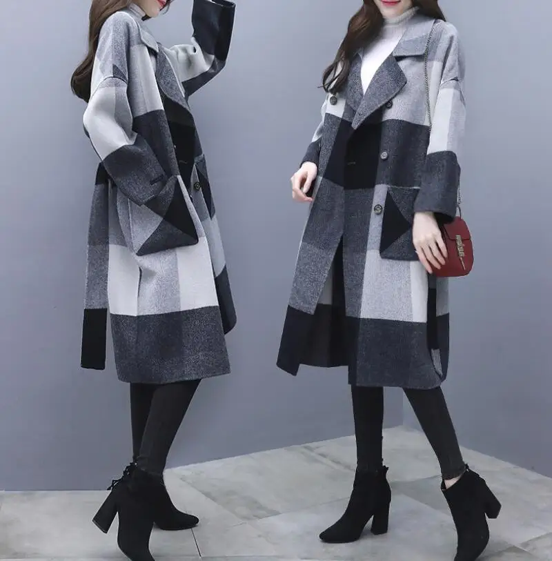 Новое шерстяное пальто женское осенне-зимнее черно-белое клетчатое стеганое контрастное шерстяное пальто смешанный костюм воротник длинный жакет
