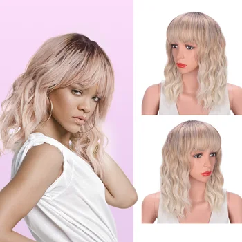 

Stamped Glorious Wavy Curly Bob Wig with Bangs Brown to Blonde Short Wig 3 Tone Ombre Wig Natural wavy Heat Resistant Synthetic