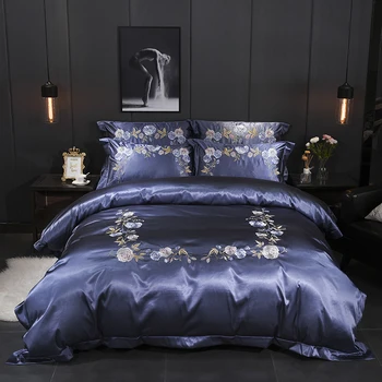 

Luxury Silver color Silk Cotton Butterfly Bedding set 4Pcs Queen King size Bed set Embroidery Duvet cover Bed sheets linen set