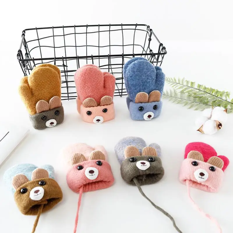 Baby Gloves 0-4 Years Old Cartoon Winter Warm Stretch Knit Mittens Imitation Wool Children's Hanging Neck Gloves Xtmas Gifts