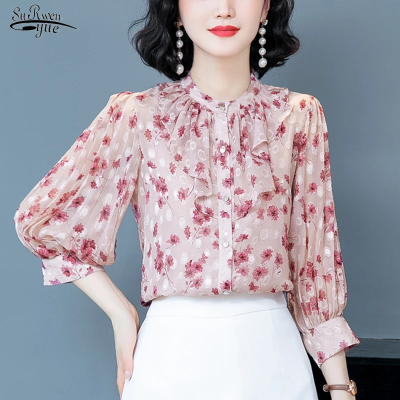 

New Summer Korean Style Women's Blouse Lantern Half Sleeve Cardigan Floral Shirts Women Vintage O Neck Lady Tops Clothes 9027 50