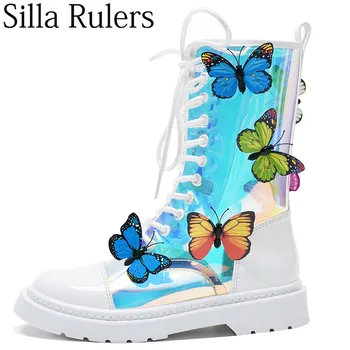 

2019 Runway Autumn Magic Color Transparent Ankle Boots Woman Round Toe Colour Butterfly Lace Up Low Heels Boots Woman